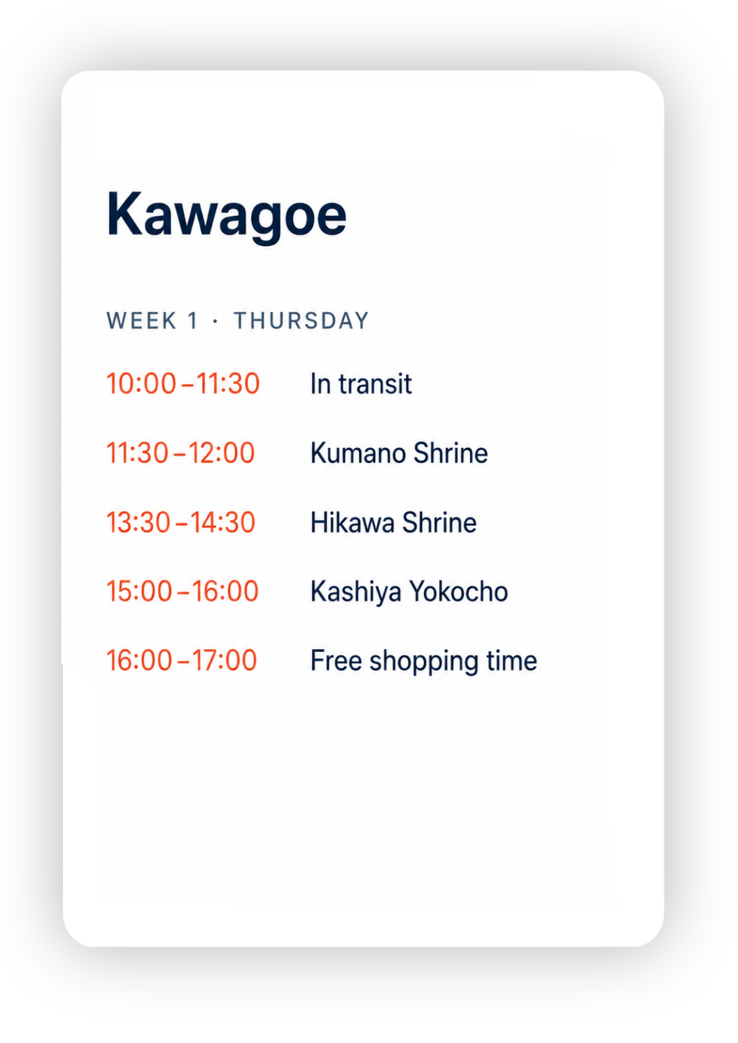 Kawagoe (Week 1 Schedule)